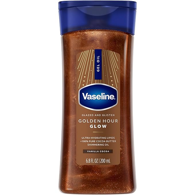 جل الجسم بزيت الفازلين المزجج واللامع من Golden Hour Oil، فانيليا كاكاو لامع مع دهون شديدة الترطيب وزبدة كاكاو نقية 100٪، 6.8 أونصة